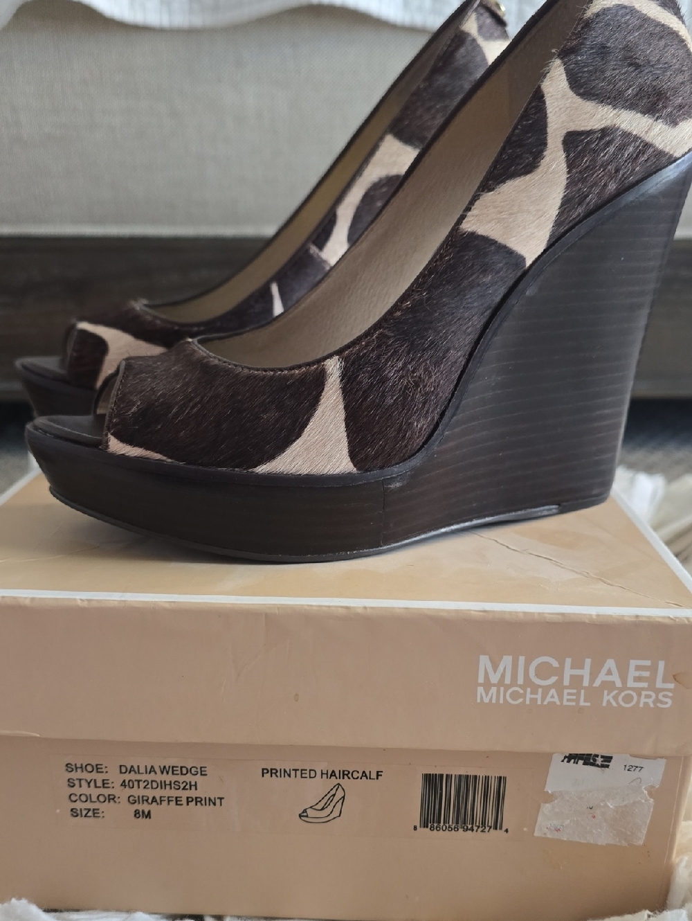 MICHAEL Michael Kors Brown and Cream Animal-Print Peep-Toe Pumps. No scuff's